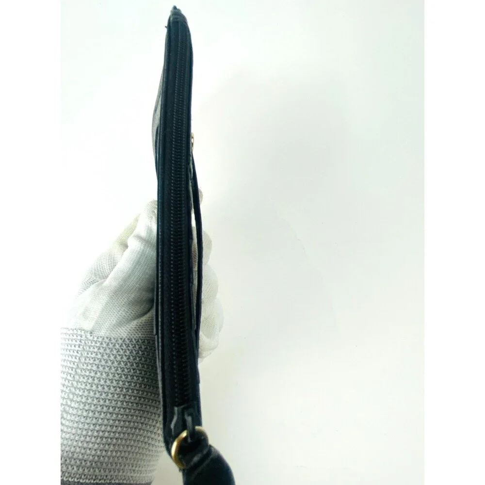 Vtg Black Genuine Leather Slim Card Holder Wallet Zipper Coin Pouch ID Window